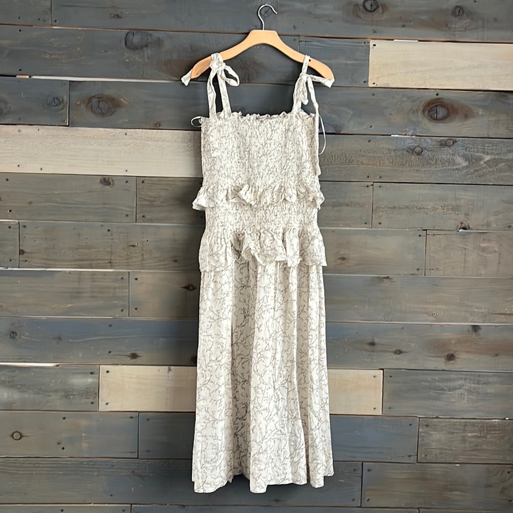 House Of Harlow Smocked Ruffle Tiered Linen Maxi Dress Floral Print M